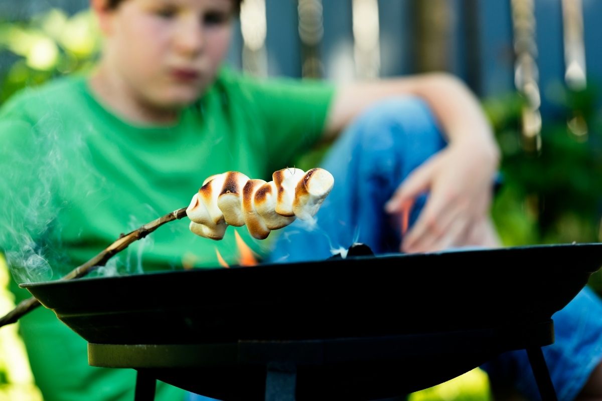 A boy toasting marshmallows on an open fire.