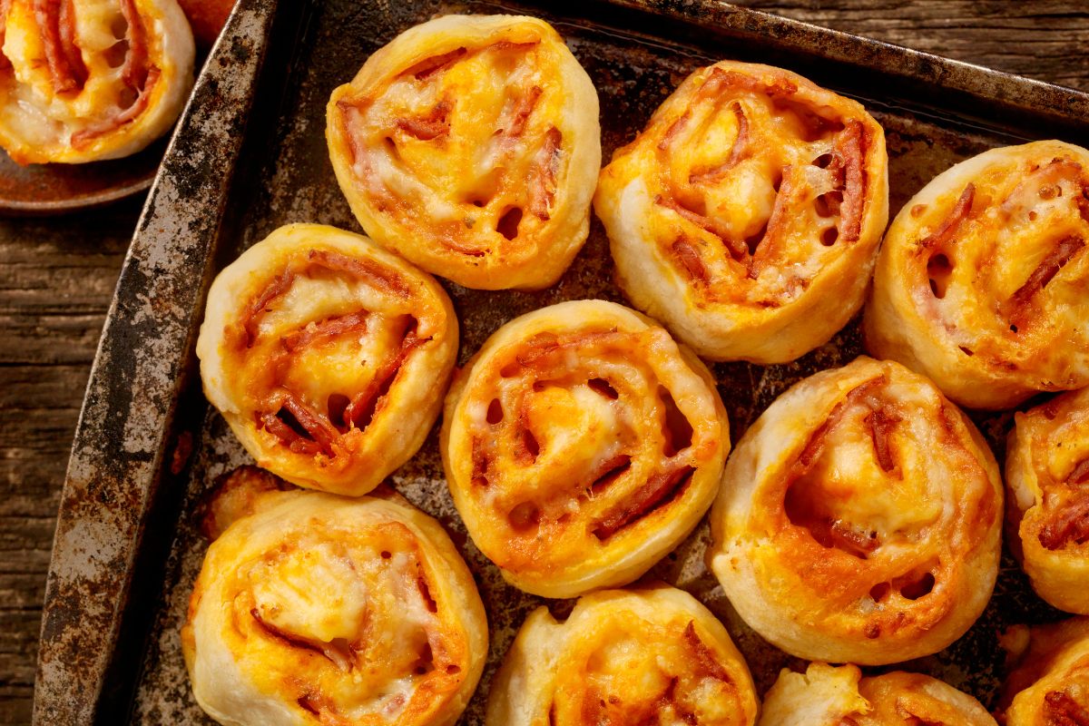 Pepperoni pizza rolls fresh from the oven.