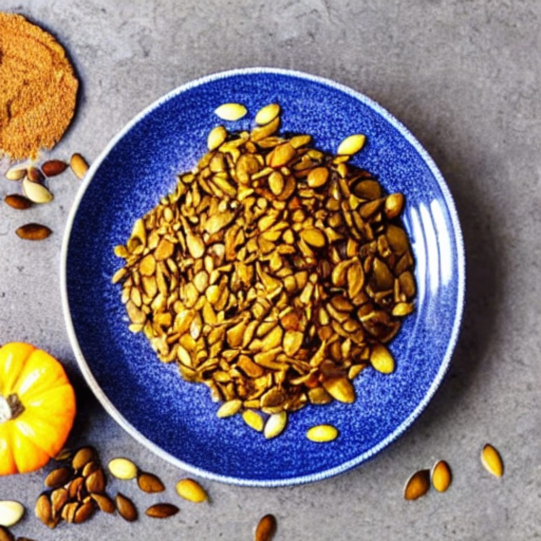 A plate with toasted pumpkin seeds, text to image AI generated image.