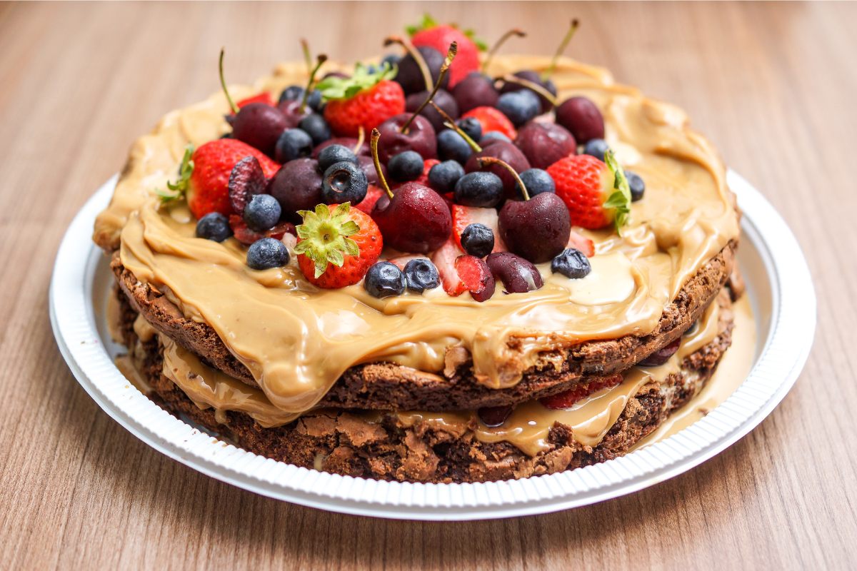 A berry cookie cake with butterscotch and mixed berries as filling.