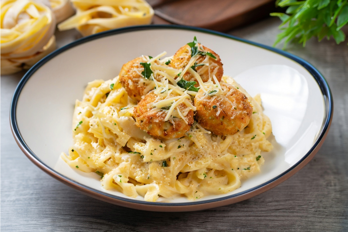 A plate of crab cake Alfredo pasta made with miniature crab cakes.