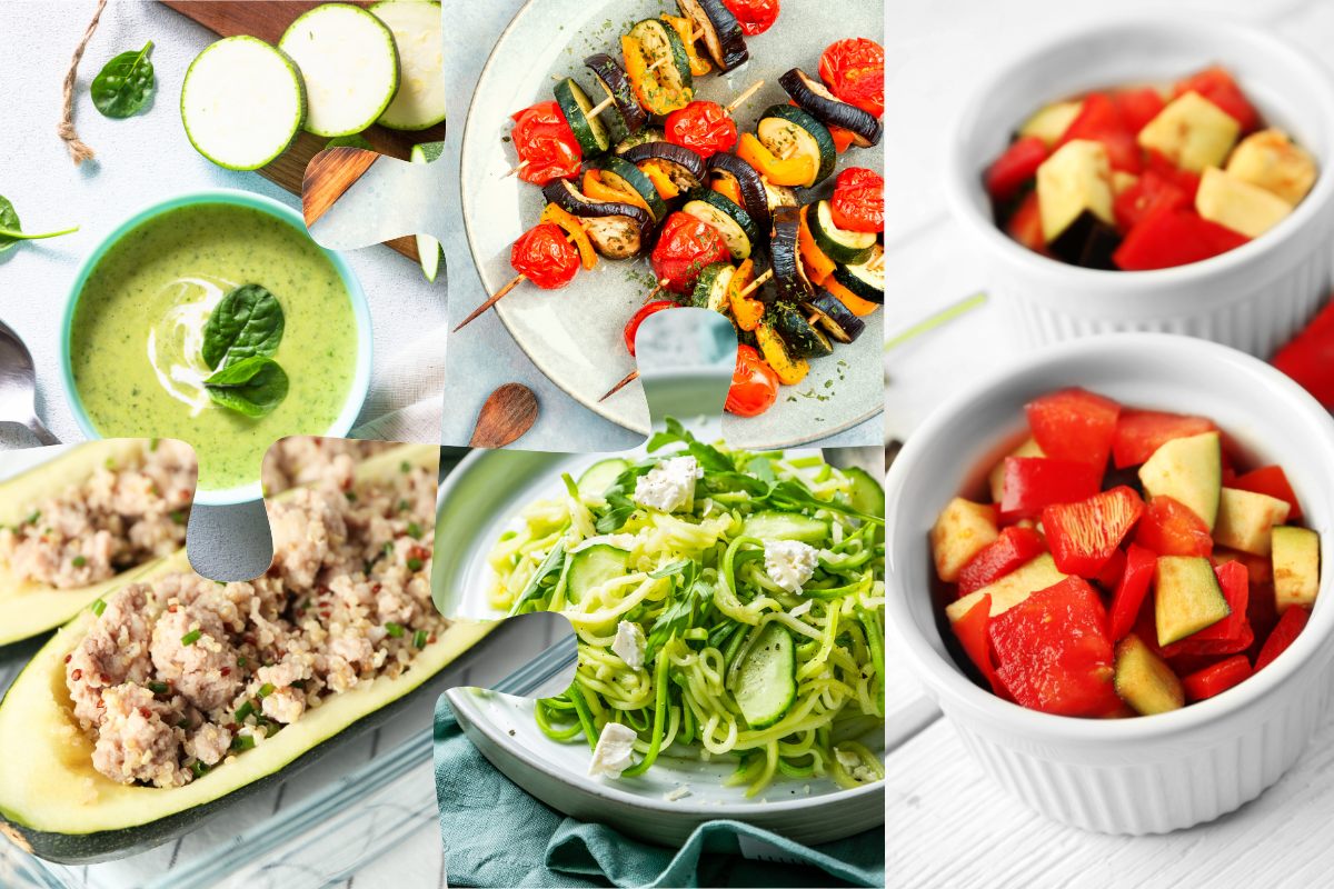 Photo collage with five different zucchini dishes.