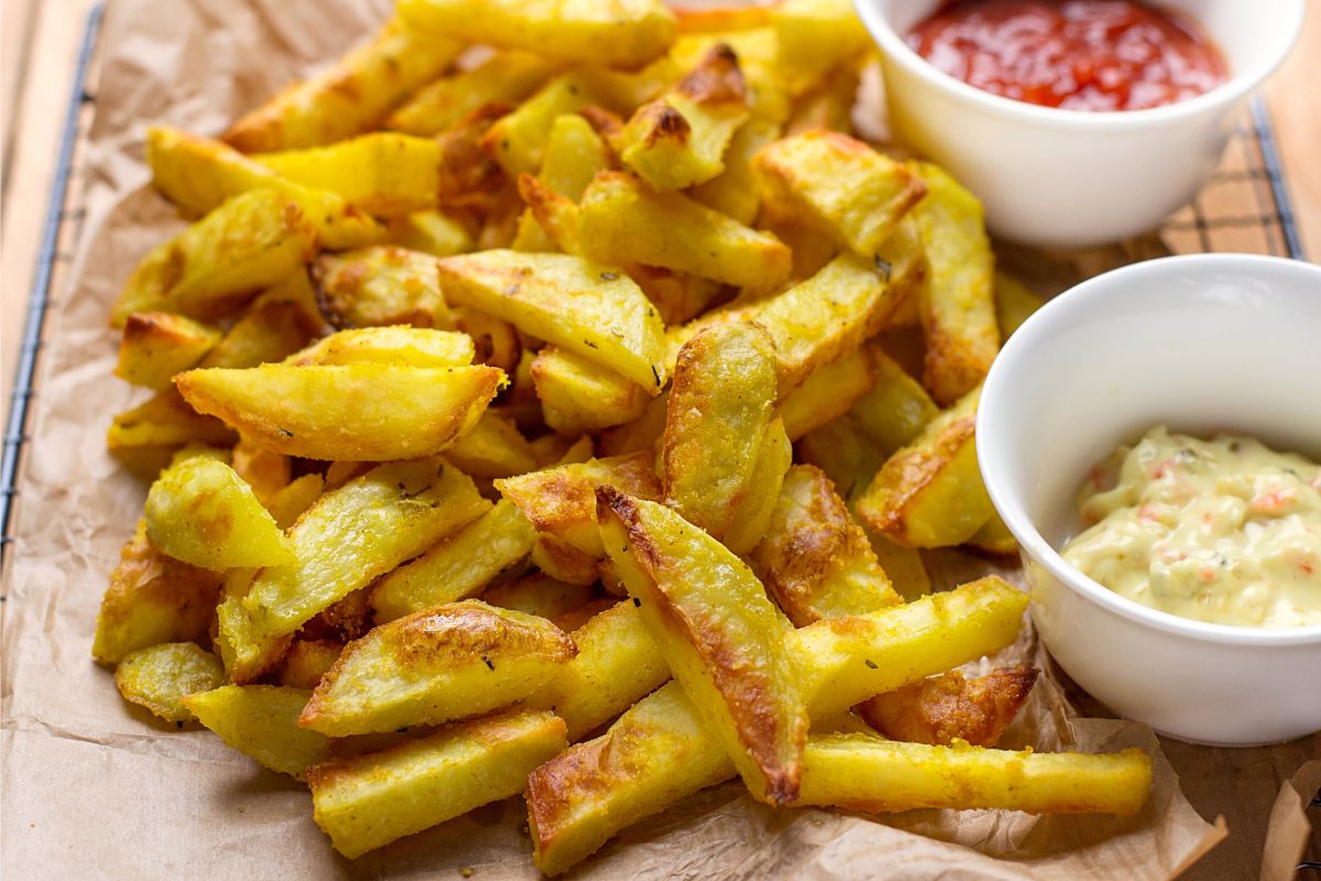 Oven baked French fries accompanied with two dipping sauces.