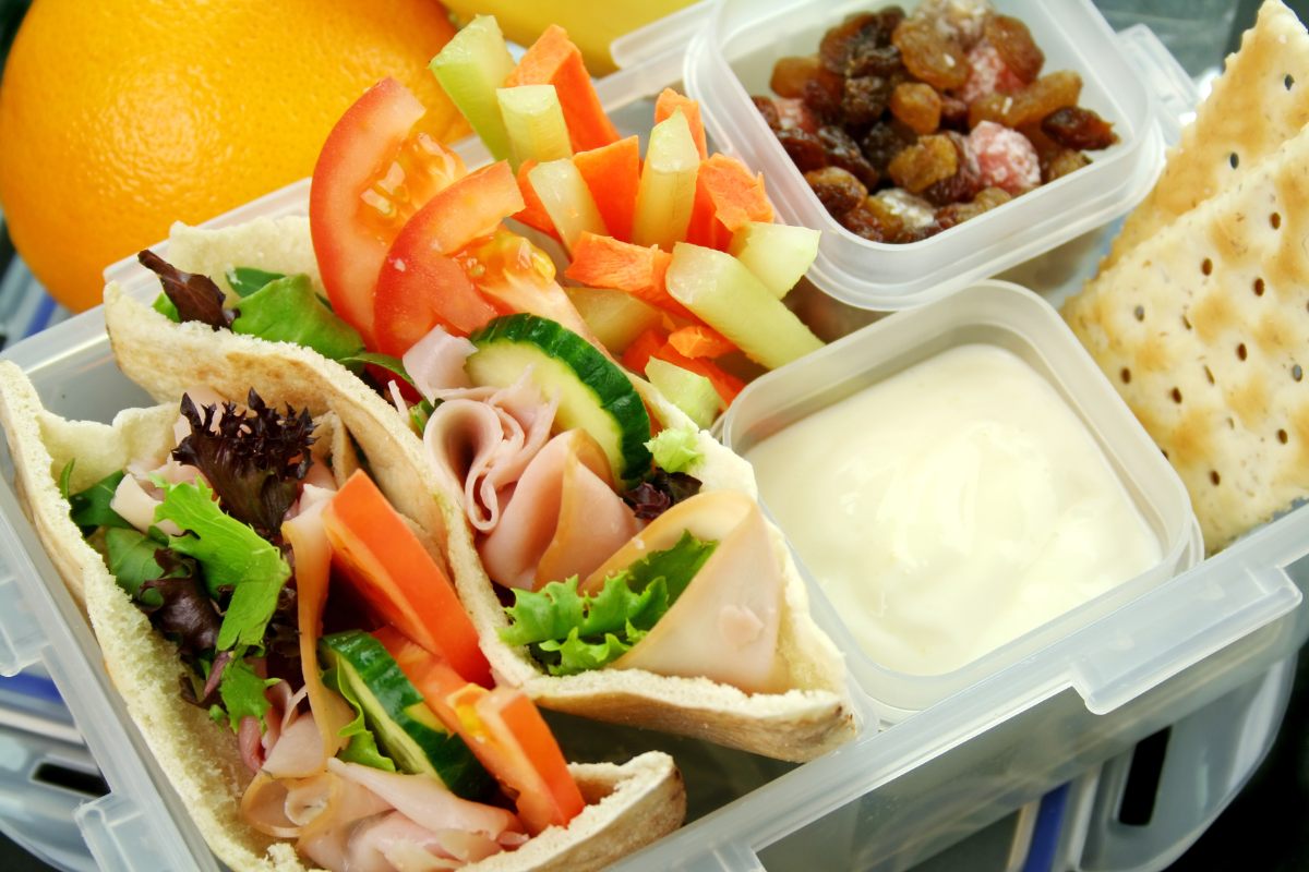 Healthy school lunch with pita bread.
