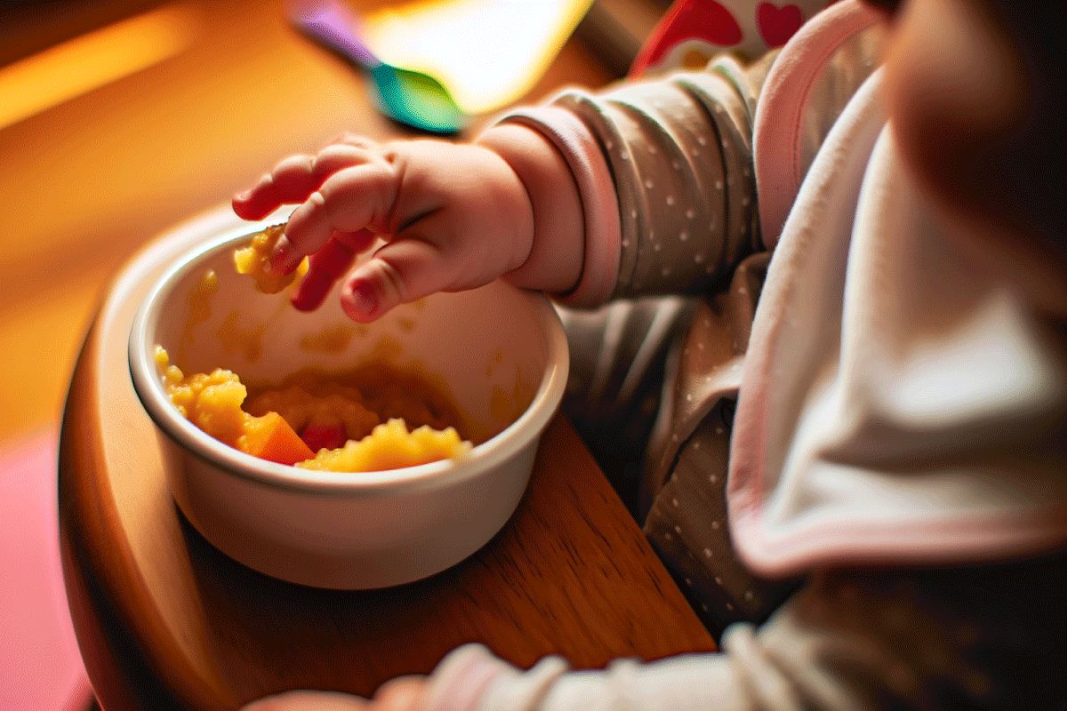 A small baby hand reaching for a bowl of mashed fruits.