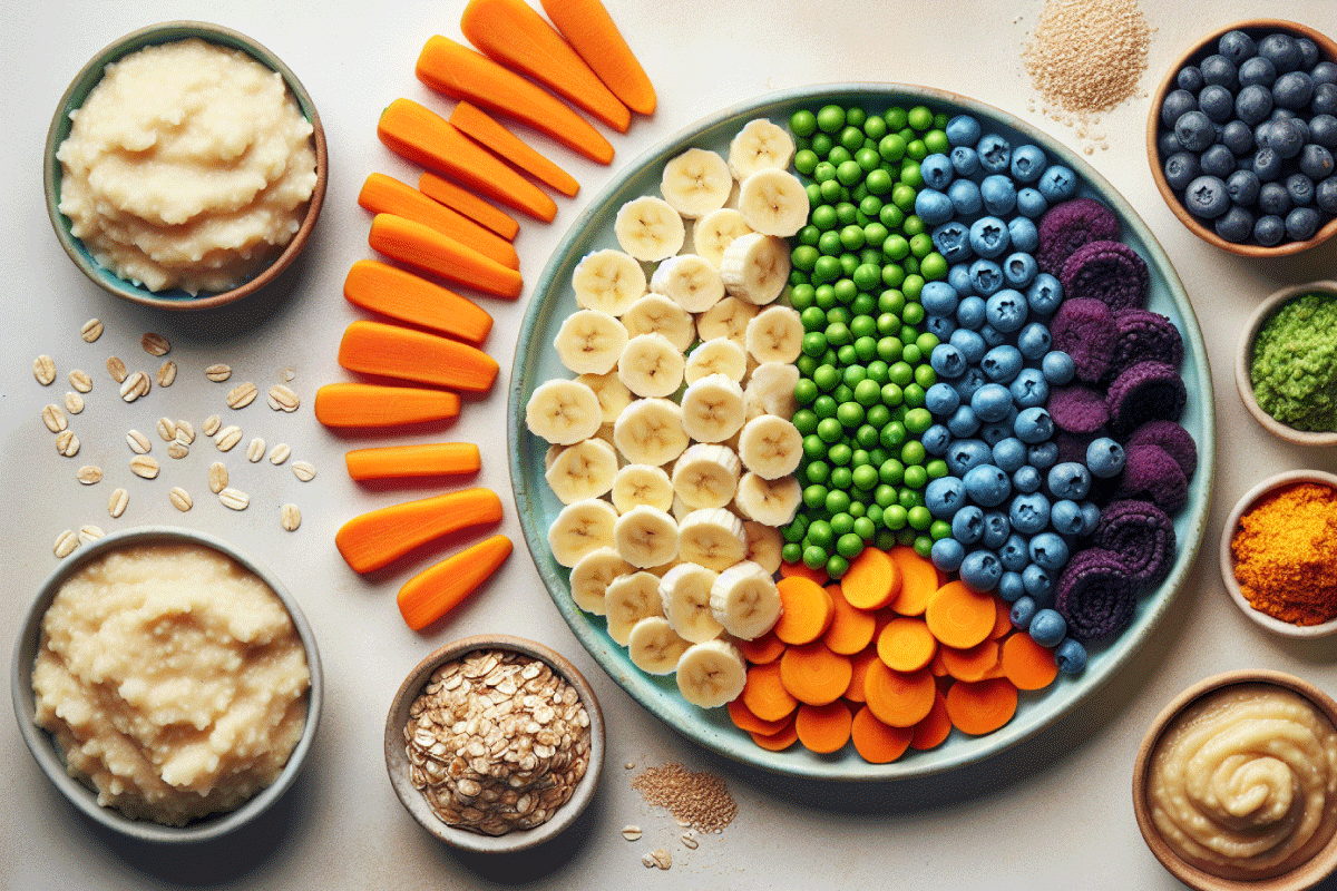 A variety of fruits, vegetables, and grains for a 7-month-old baby's diet.