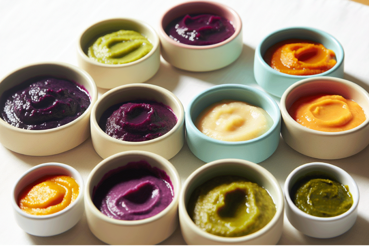 Assortment of pureed fruits and vegetables in small bowls.