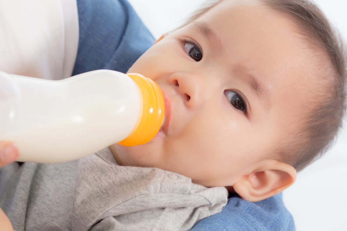 A baby drinking from orange top bottle. light grey. peaceful. looking at camera.