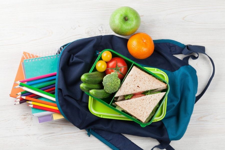A lunchbox with a sandwich and fruit on top of a school backpack.