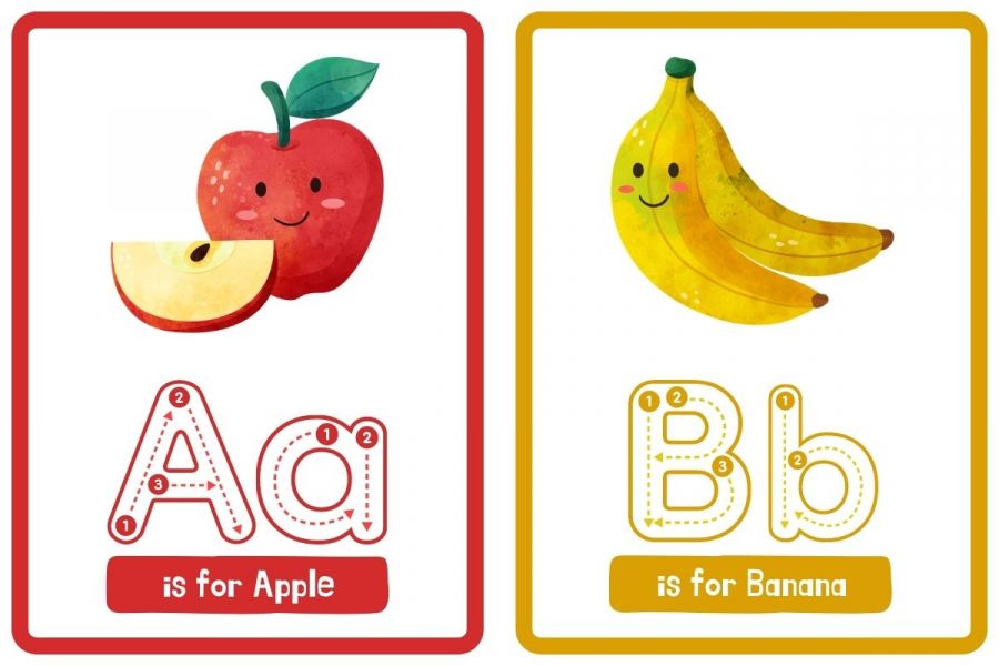 Apple and banana flashcards.