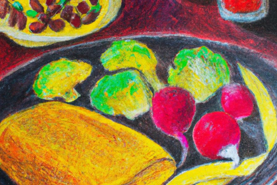 An oil pastel painted by a child depicting a vegetarian meal.