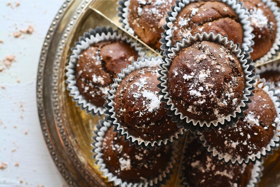 A tray with freshly baked chocolate muffins.