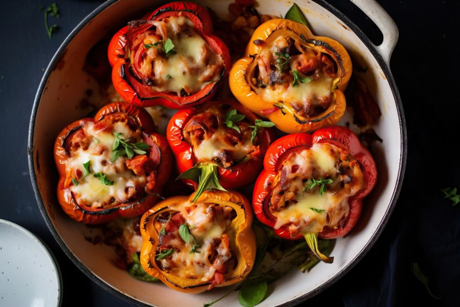 Six baked bell peppers, red and yellow, stuffed with ground turkey and covered with melted cheese.