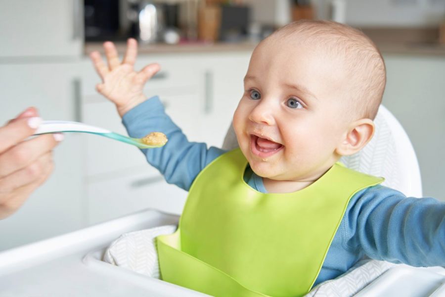 Smiling 8 month old baby in high chair being fed solid food with spoon.