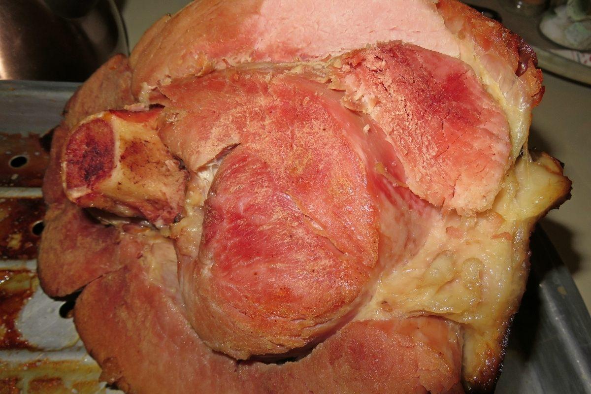 Baked ham on the bone fresh from the oven.