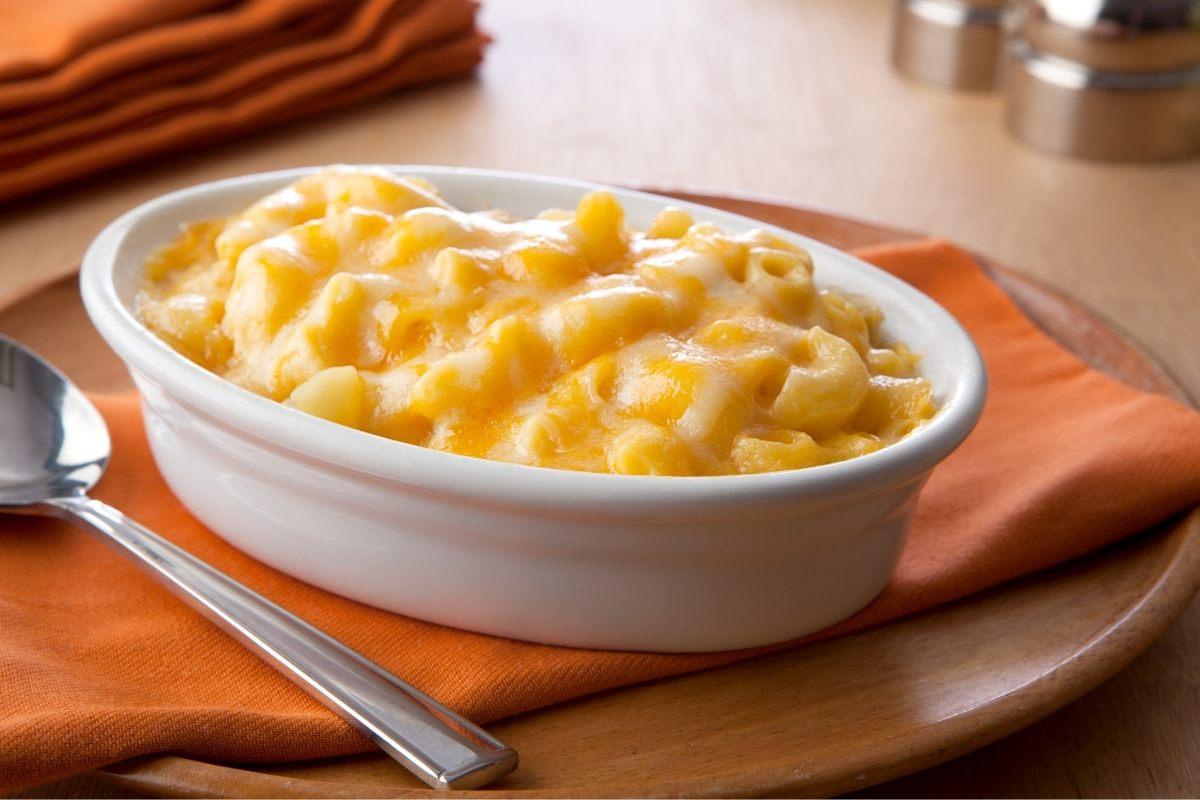 A serving dish with mac and cheese.